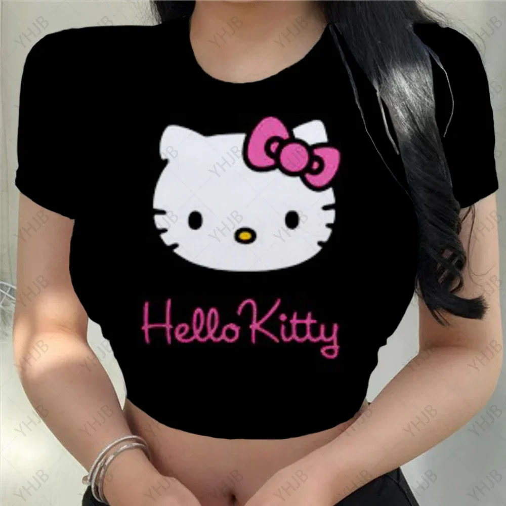 

Summer Casual Exposed Navel Shirts Streetwear Women Short Sleeve Crop Tops Hello Kitty Cat print Crew Neck Slim Fit T-Shirts