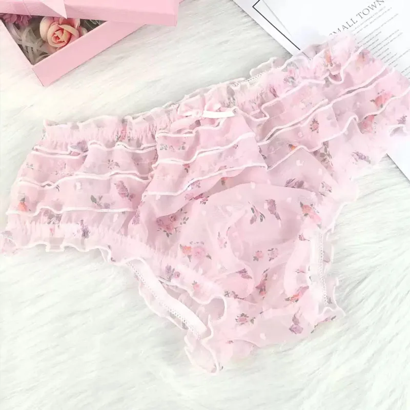 Cute Sweety Chiffon Man's Briefs Japanese Style Cross-dressing Panties Princess Lolita Flower Print Ruffles Soft Underwear