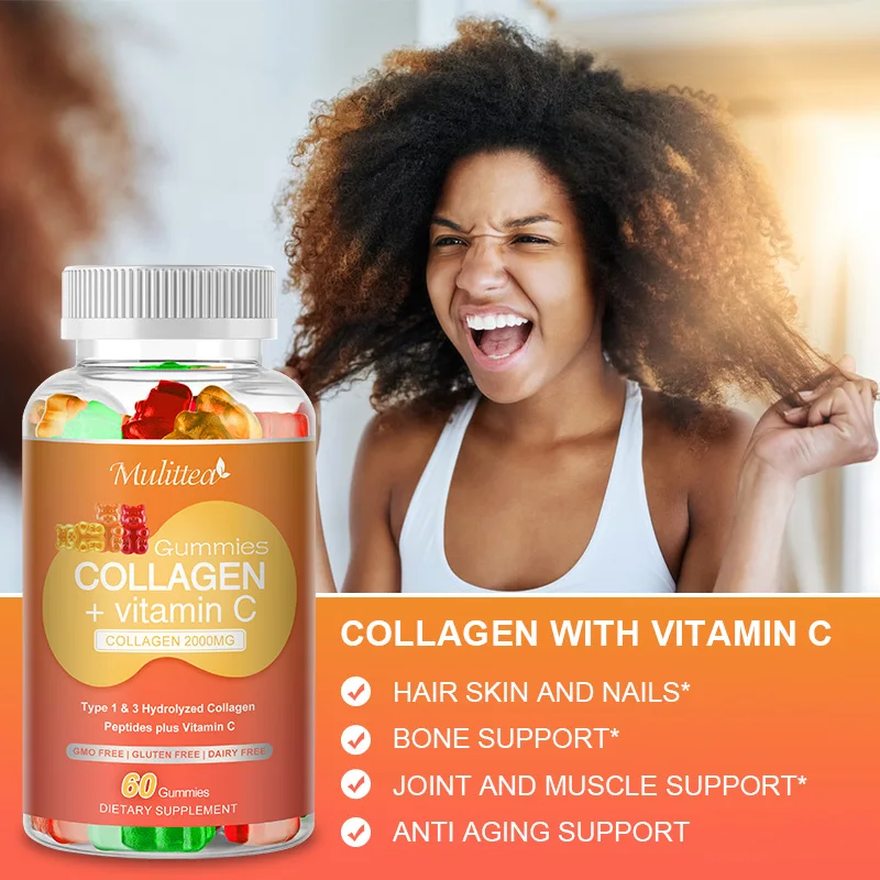 Mulittea Collagen Vitamins C Gummies Hyaluronic Acid for Brighten Skin &Skin Collagen Protein Joint Hair Nails Health