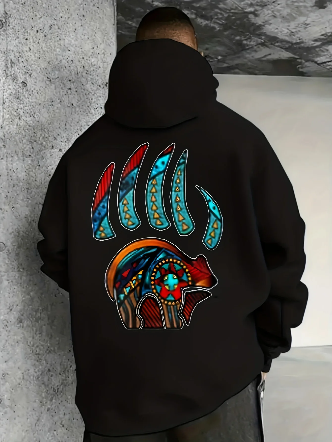 Men's and Unisex Retro Bear Claw Print Hooded Sweatshirt - Soft and Breathable 270 Street Style Hoodie, Black Casual Pullover with Bear Claw Pattern, Machine Washable, Comfortable Top for Autumn and Winter