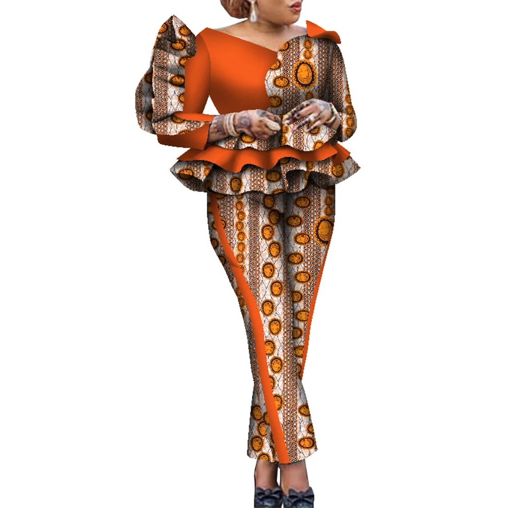 

Bintarealwax African Print 2 Pieces Set for Women Pants and Crop Top Suits Set Bazin Riche African Clothing WY024