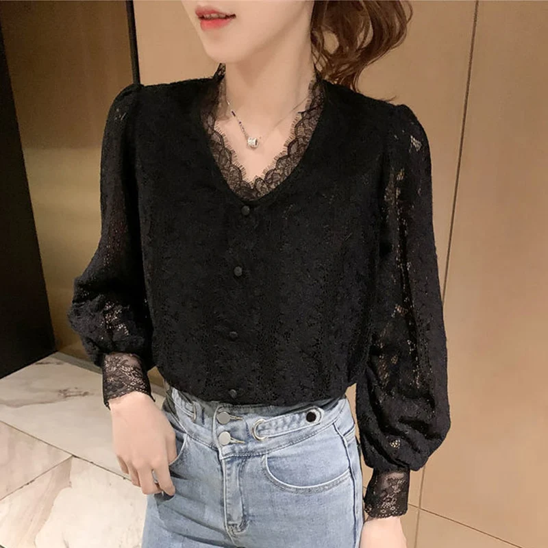 Spring Summer Elegant Fashion V-neck White Lace Shirt Female Long Sleeve Casual All-match Pullover Blouse Top Women \'s Clothing