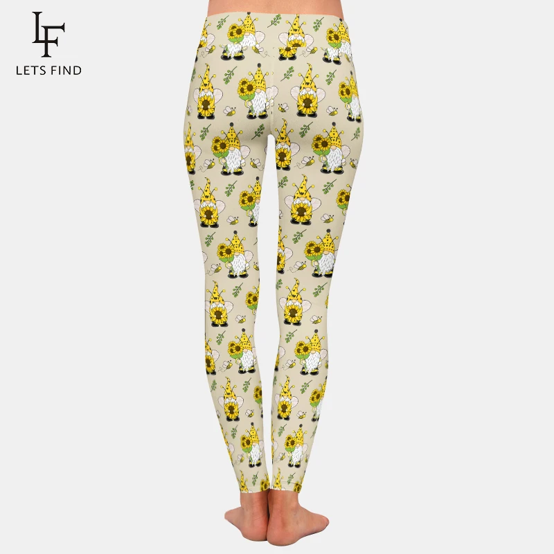 LETSFIND New Women 3D Gnomes Bees and Sunflowers Print Stretch Workout Pants High Waist Fitness Slim Elastic Full Leggings