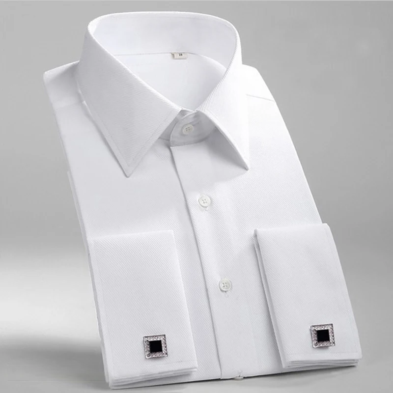 Men's French Cuff Dress Shirt White Long Sleeve Cufflinks Party Wedding Tuxedo Formal Shirts Blue Black