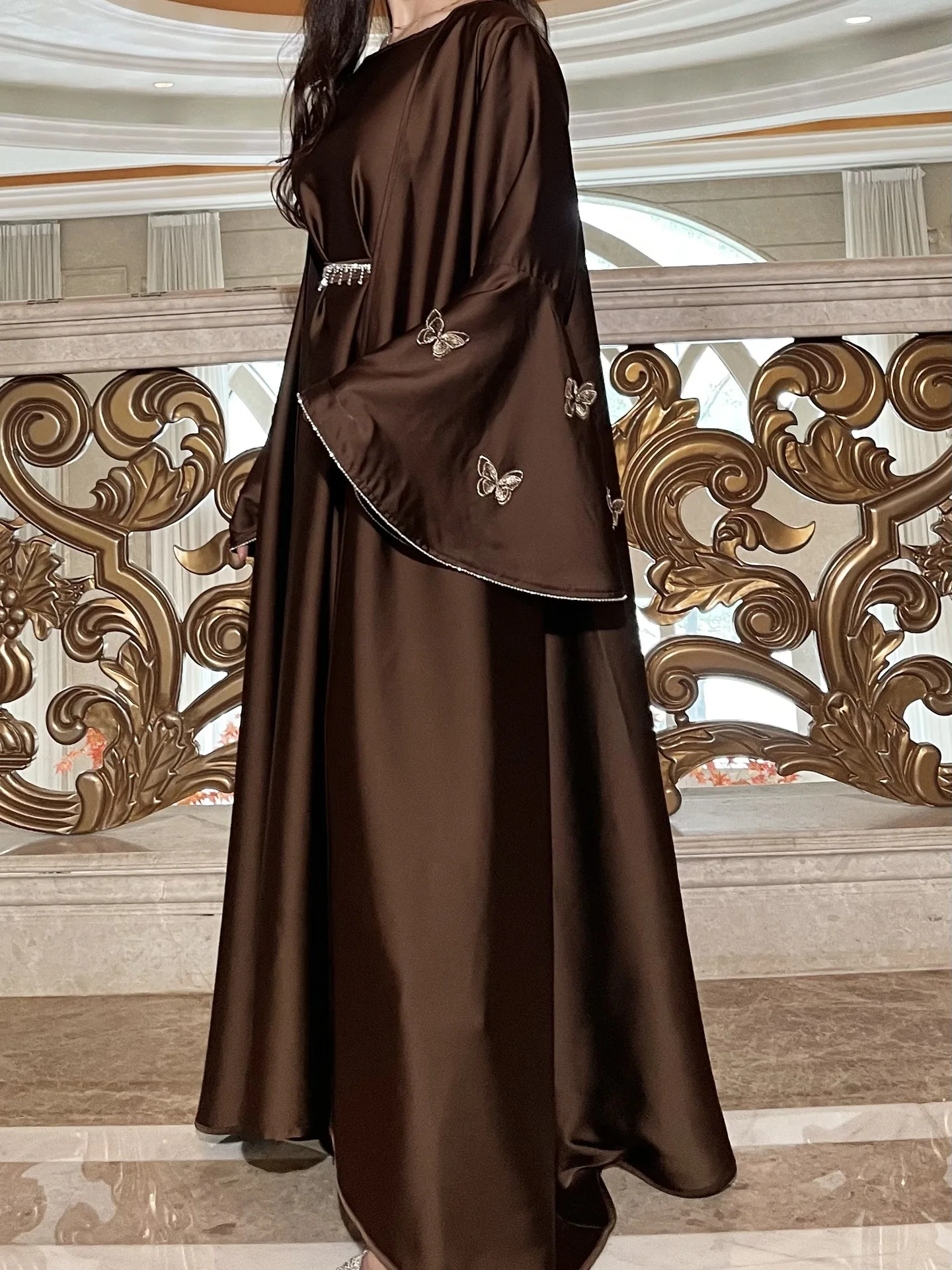 Femmes musulmanes Abaya robe 2 pièces ensemble papillon Satin à lacets marocain Caftan robe intérieure Musulman Ensembles Cadigan tenue costumes