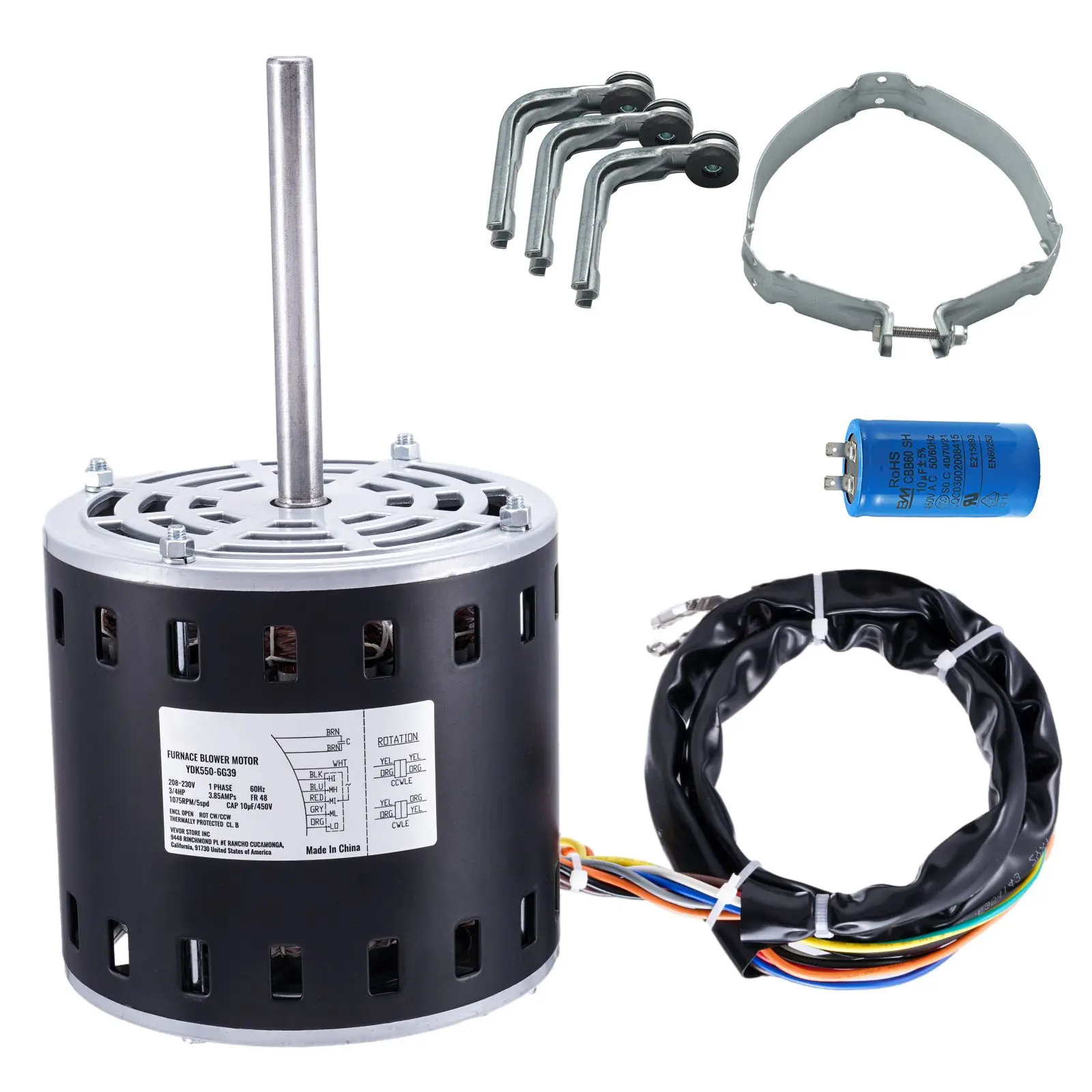 3/4HP Furnace Blower Motor, 208/230V 3.85Amps, 1075RPM 5 Speeds, CW/CCW Rotation, 48 Frame 4.8