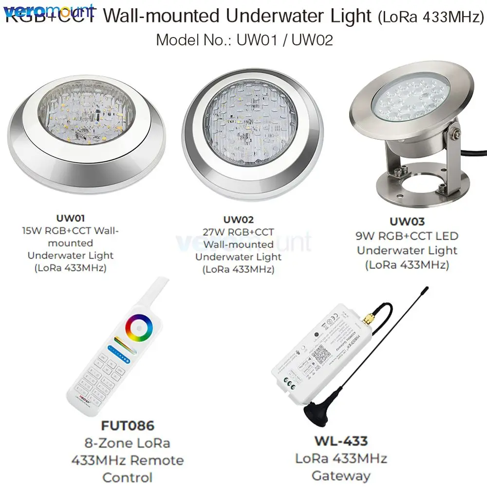 

MiBoxer UW01 UW02 UW03 RGBCCT Wall-mounted Underwater Light (LoRa 433MHz) IP68 Waterproof Lamp FUT086 Remote WL-433 WiFi Control