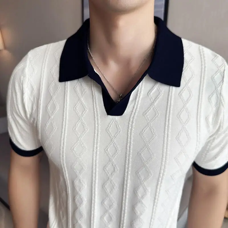 Summer Stripe Jacquard Short Sleeved Knitted Polo Shirt Men V-neck Contrast Color Slim Fit Casual Business Tee shirt Tops 3XL