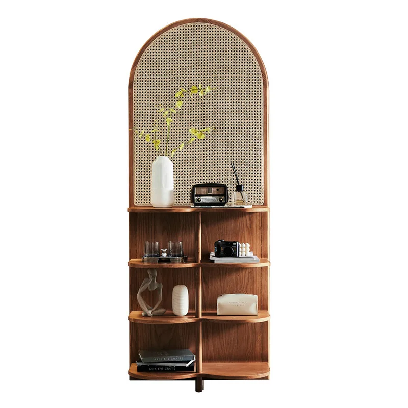 Solid wood folding screen rattan partition living room folding mobile bedroom blocking home entrance wall simple black retro