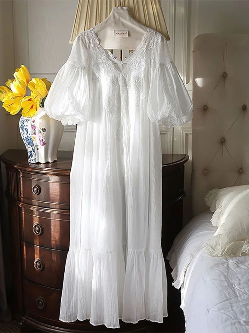 Women V-Neck Ruffles Lace Vintage Nightgowns Robe Nightie Long Dress Victorian Romantic Princess Sleepwear Nightdress Homewear