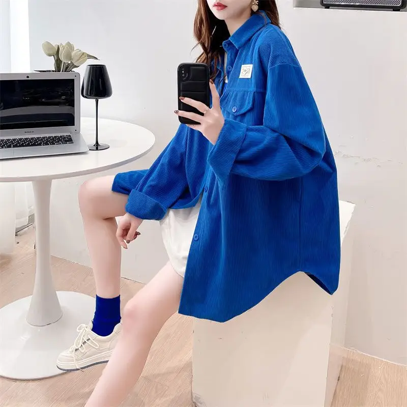 2025 printemps/automne femmes chemise coréenne solide revers fosse rayure Vintage velours côtelé chemise Femme mode Simple ample Harajuku hauts