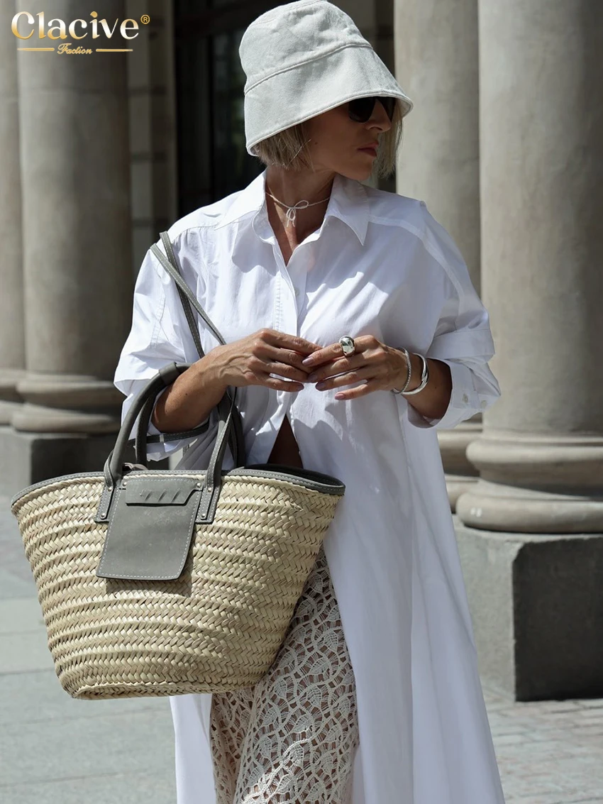 Clacive Fashion Loose White Cotton Women Dress Casual Lapel Long Sleeve Ankle Length Dresses Elegant Classic Solid Female Dress