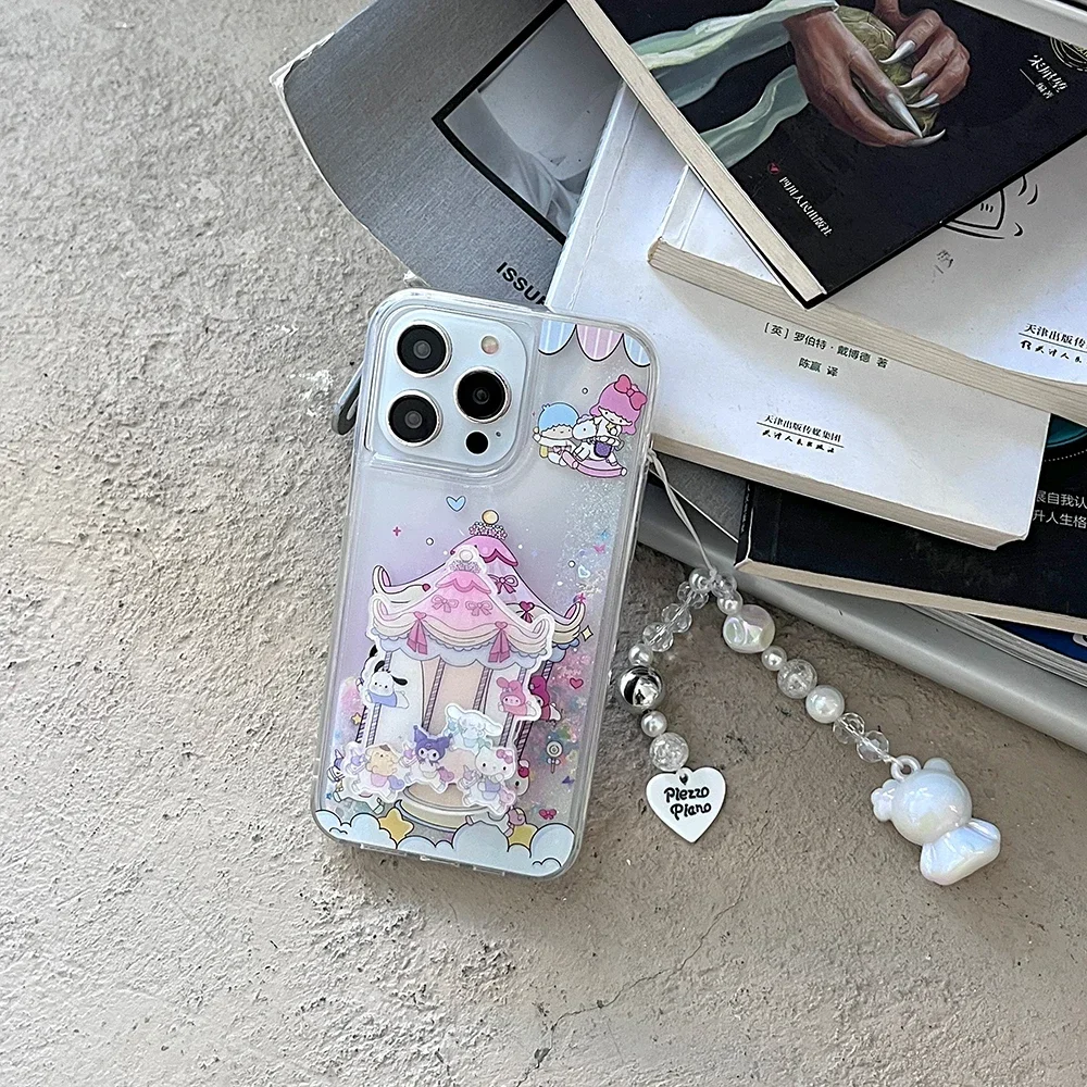 Ins Korea Hello Kitty Bracelet with Bracket Carousel Clear Phone Case for IPhone 15 14 13 12 11 Pro Max Plus Back Cover