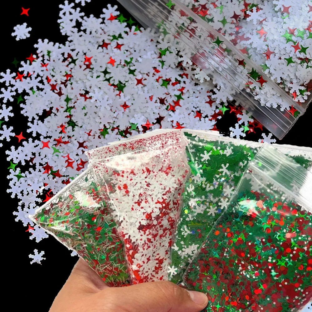 50 g/saco flocos de neve brancos unhas de natal lantejoulas grossas cor misturada glitter flocos de neve floco de unhas com estrela brilhante lantejoulas de floco de neve