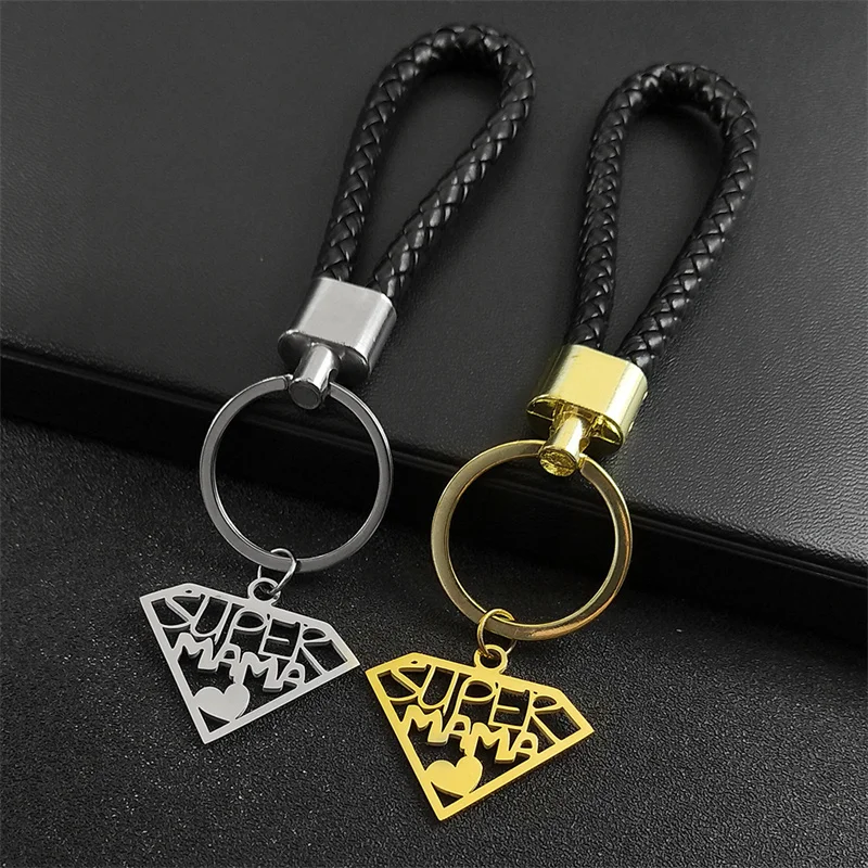 Super MAMA Letter Stainless Steel Keychain for Women Men Gold Color Alloy PU Leather Key Ring Holder Charms Mum Jewelry K3697