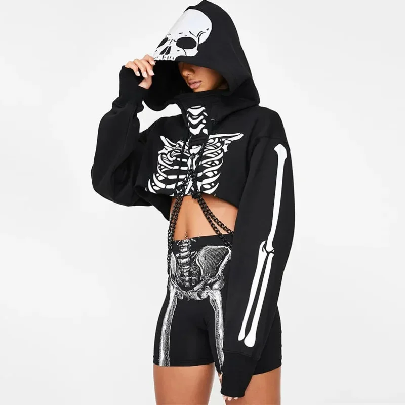 Halloween Punk Y2K Hip Hop Skull Hoodies Outerwear Reflective Short Printed Hoodie Women Autumn Winter Couple Hoodie Top New