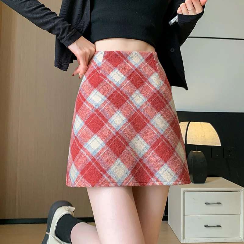 Falda de tubo de lana Vintage a cuadros de cintura alta para mujer 2023 Otoño Invierno Casual ajustado corto Saias Mujer