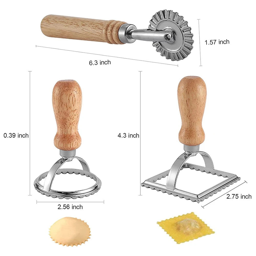 

3Pcs Ravioli Stamp Maker Cutter with Roller Wheel Set,Mold with Wooden Handle for Pasta,Dumplings Lasagna,Pies