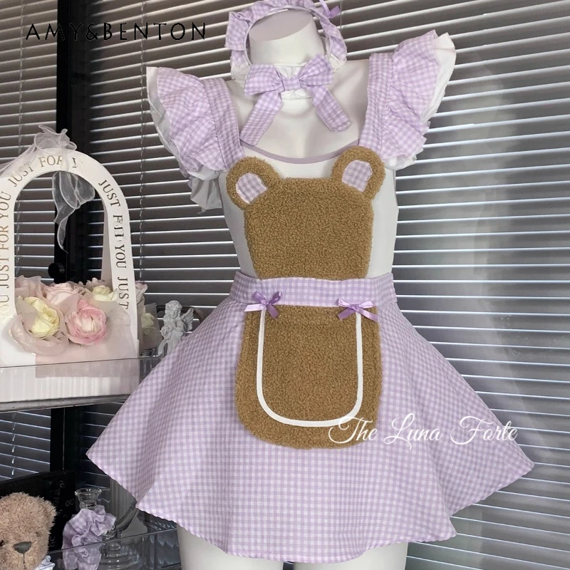 

2025 Cute Bow Purple Plaid Women's Nightdress French Design Sweet Cool Sexy Hot Girl Date Nightgown Apron Homewear Sets Ladies