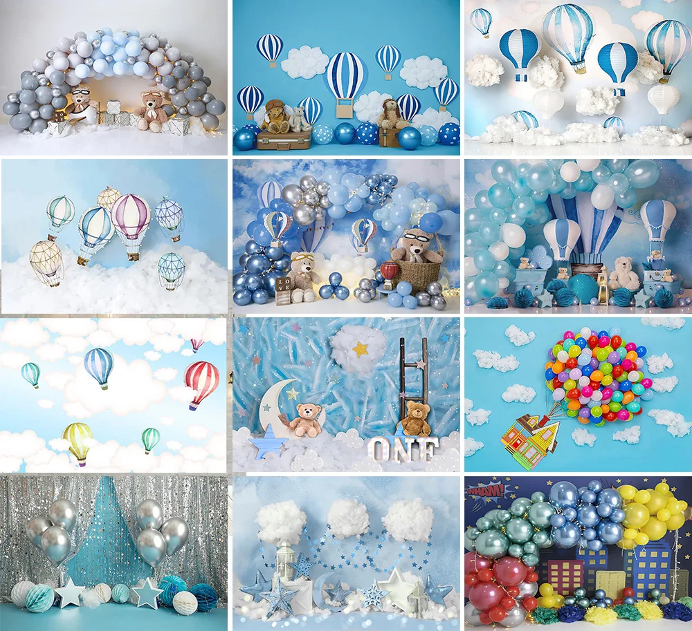 Фон для фотосъемки с изображением воздушных шаров украшение на день рождения голубое небо белые облака Новорожденный ребенок