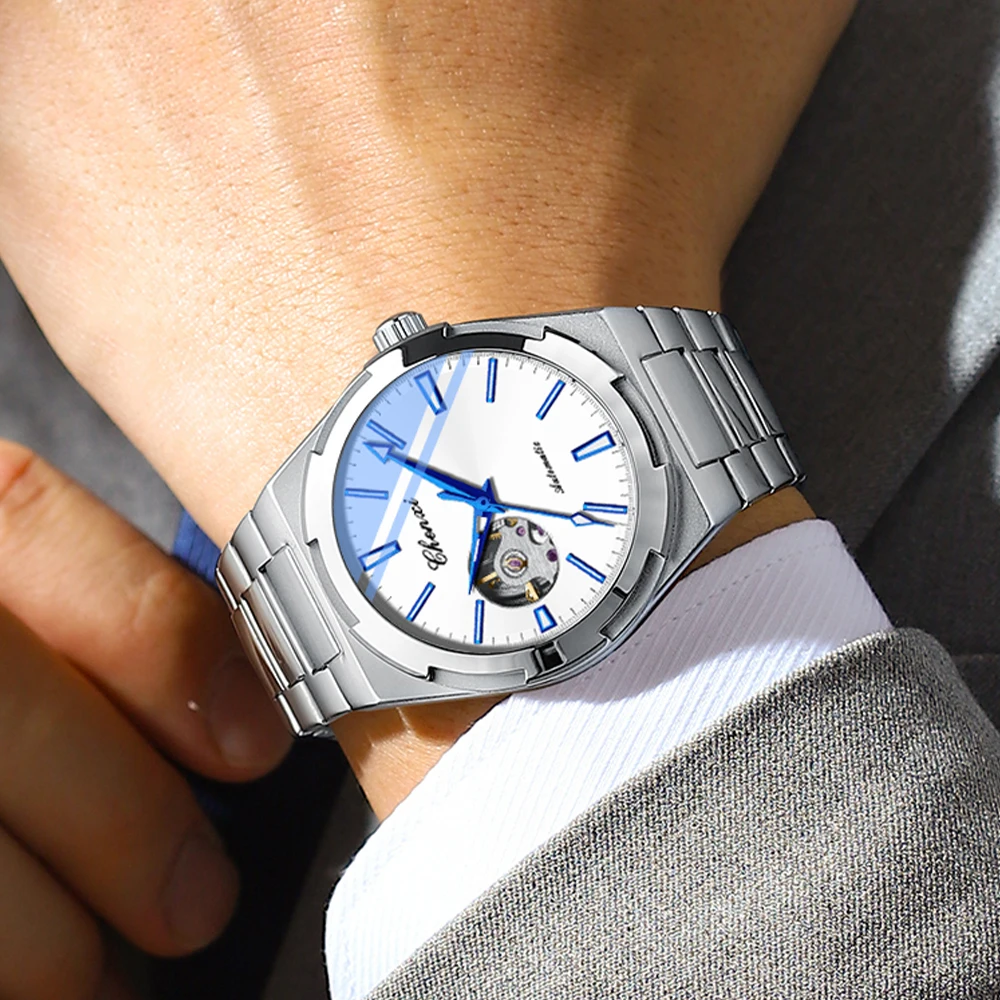 

CHENXI мужские часы полностью автоматические механические мужские часы модные модные светящиеся водонепроницаемые наручные часы со стальным ремешком мужские