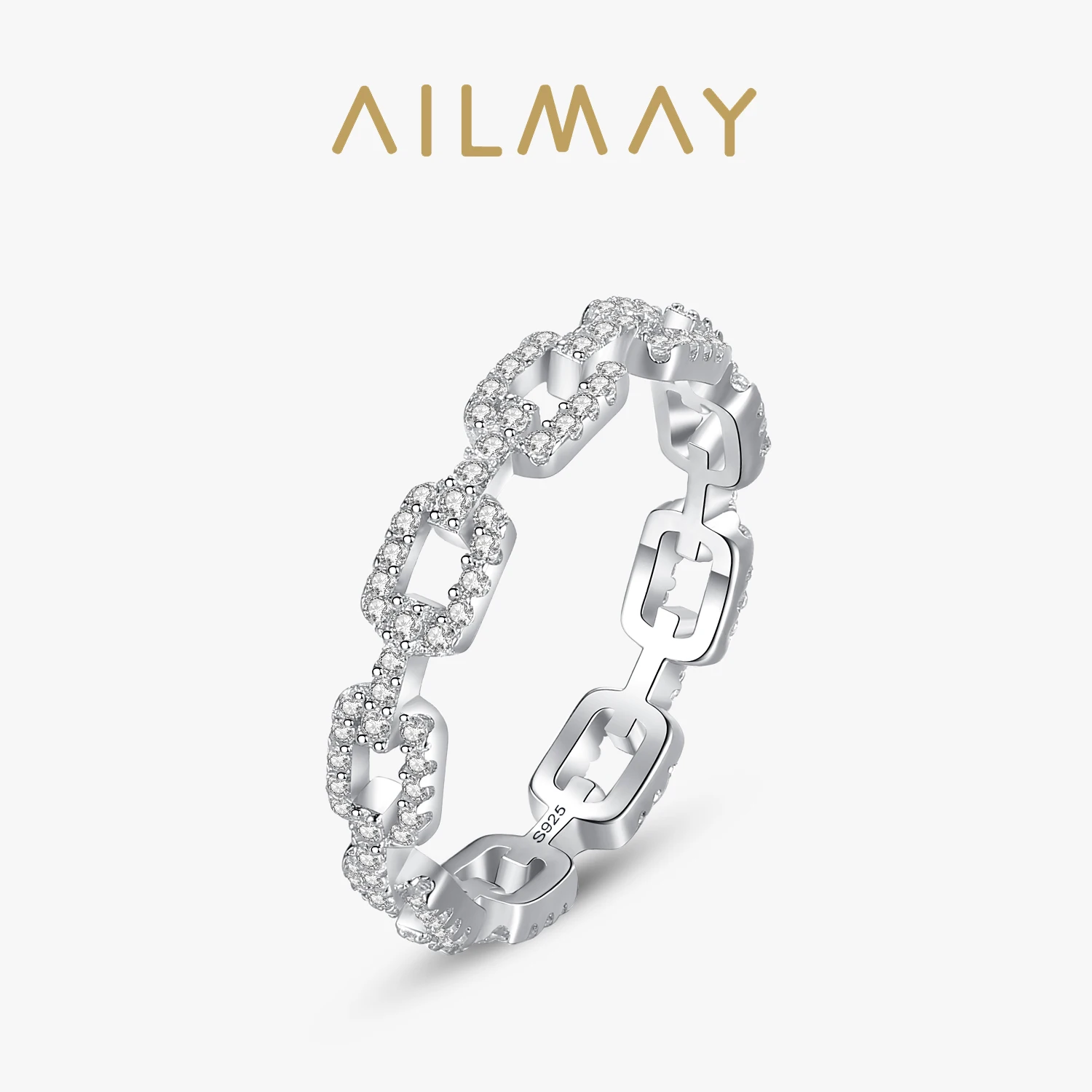 Ailmay Cadena Hueca Genuine 925 Sterling Silver Stackable Charm Finger Ring For Women Girls Anti-allergy Fine Jewelry Gifts