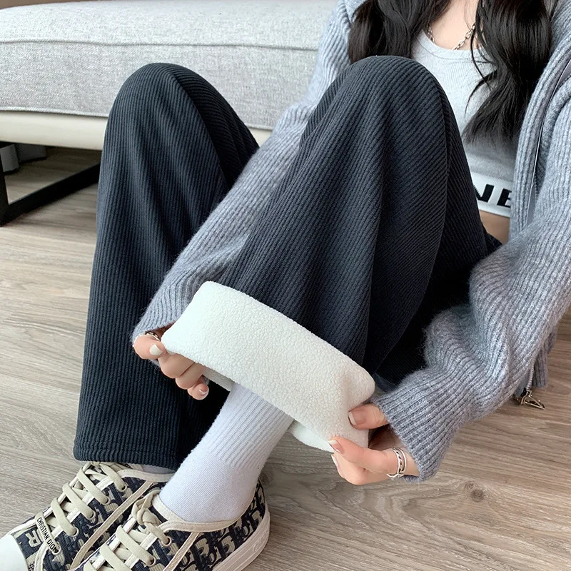 Pantalon taille haute doublé polaire pour femme, pantalon décontracté, coupe amincissante, en velours côtelé, jambe droite traînée, printemps automne hiver