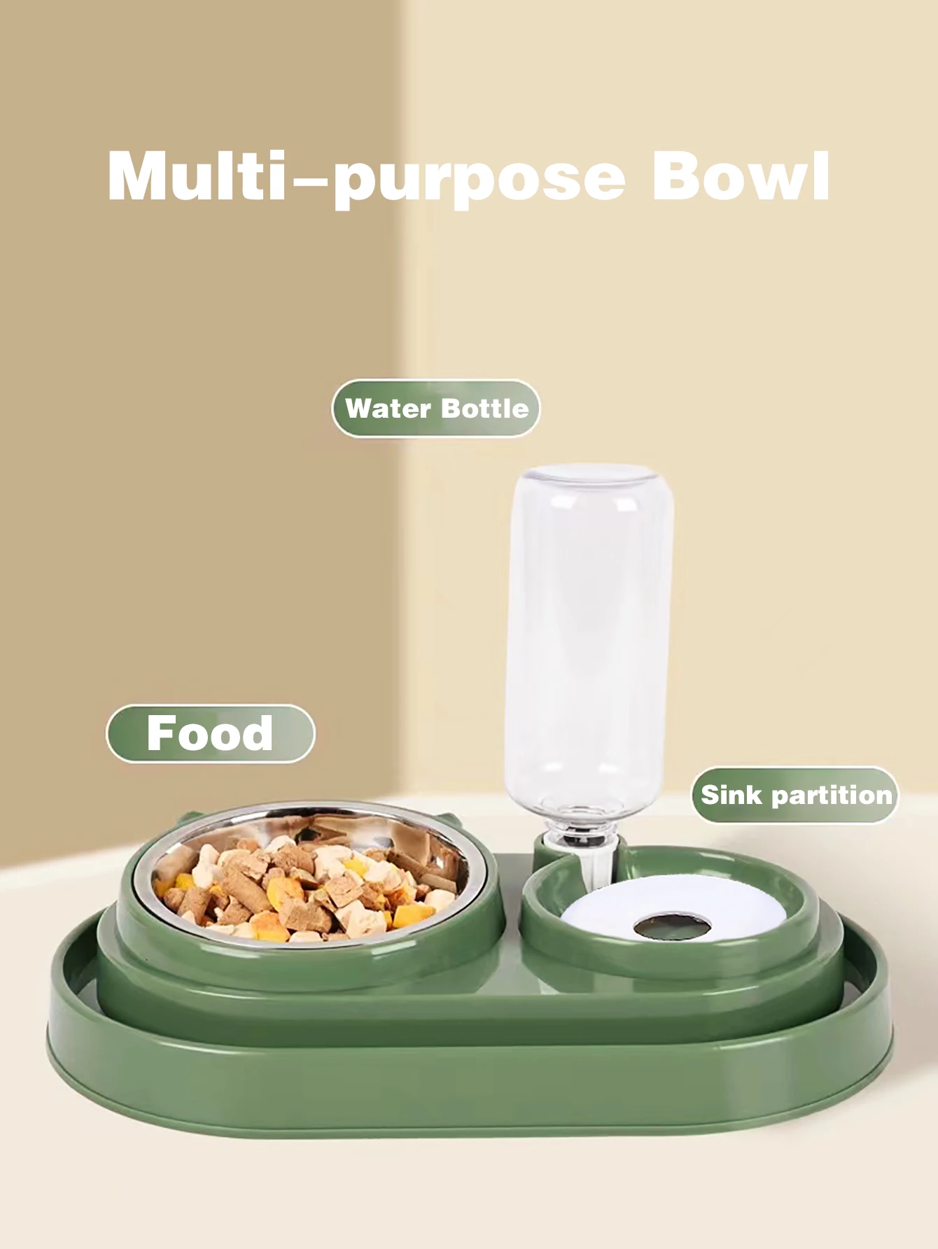 1 spill proof track pet dual-purpose bowl for feeding and drinking, one dual-purpose dog bowl with water bottle, cat bowl