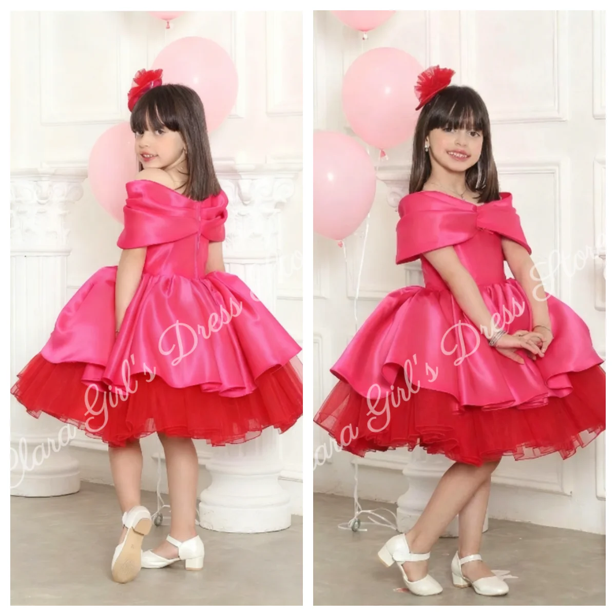Vestido de niña de flores de satén rojo rosa, vestido hinchado de boda con hombros descubiertos, vestido personalizado para fiesta de cumpleaños infantil y primera comunión