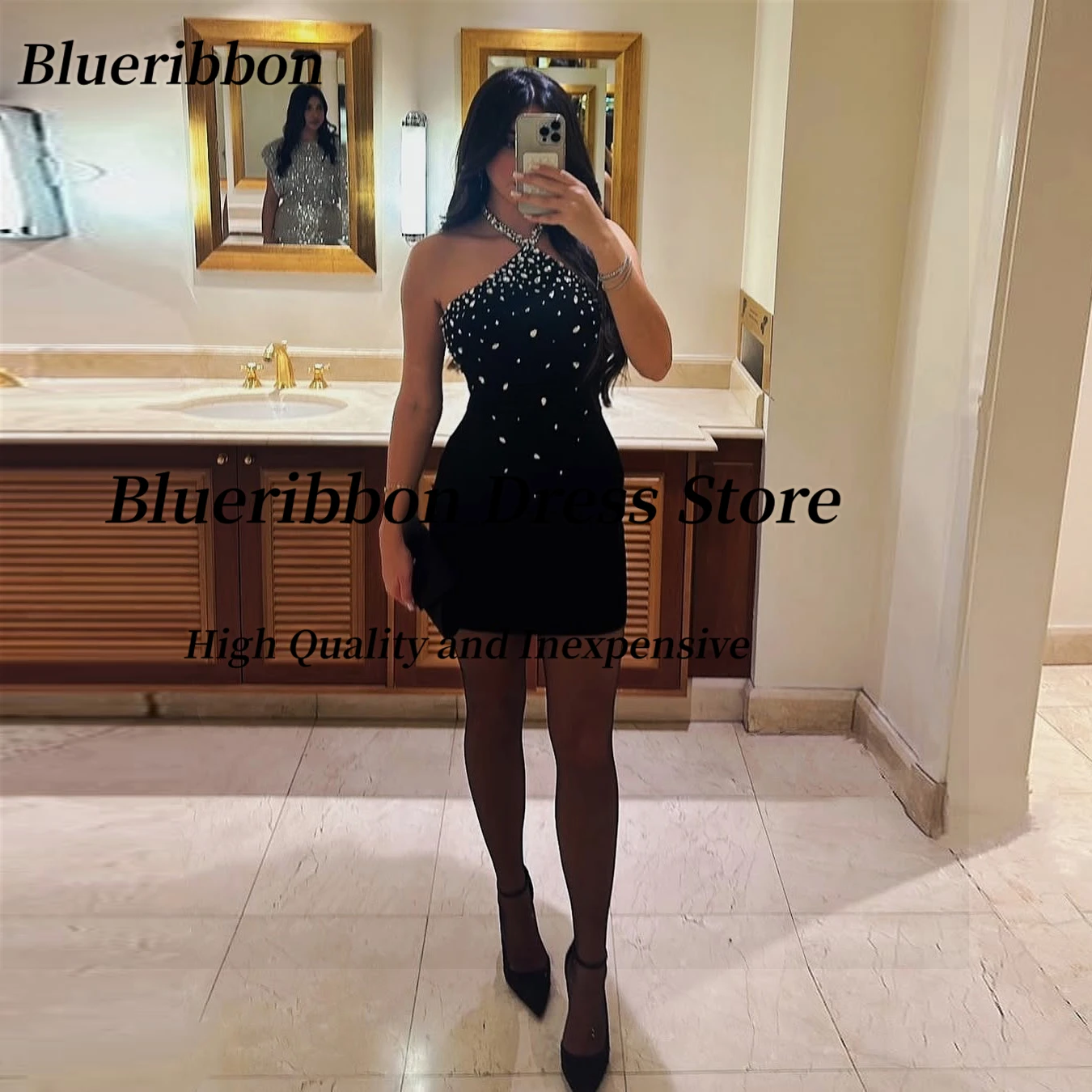 

Blueribbon Black Prom Dresses Halter Neck Crystals Mini Cocktail Party Dress Sexy Backless Short Evening Gowns Customized