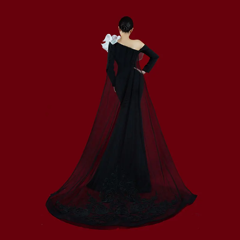 Bai Sha-Vestido de noite manga comprida personalizado, vestidos de festa elegantes, preto, flores 3D, H1580, 2024