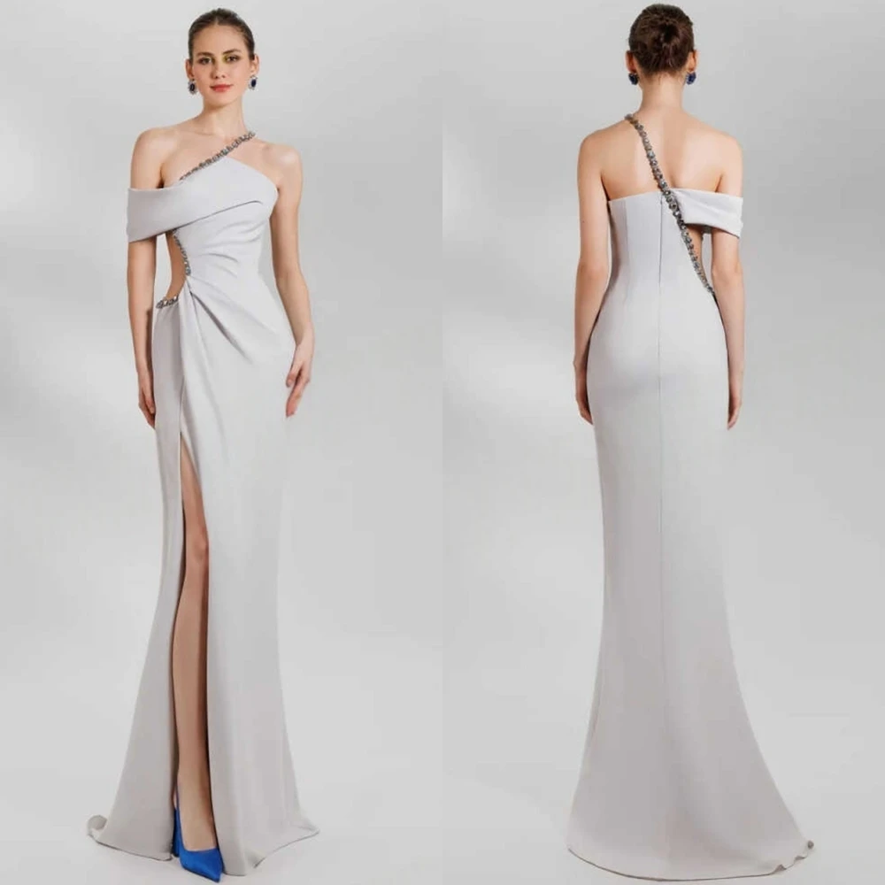

Customized Simple grey Jersey Evening Dress Formal Off the Shoulder Scoop Celebrity Gowns Delicate Mermaid Crystal Party Dresses