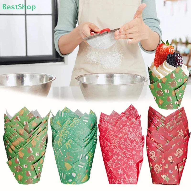 

♥50Pcs Christmas Tulip Cake Paper Cups Oilproof Baking Muffin Box Cup High Temperature Resistant