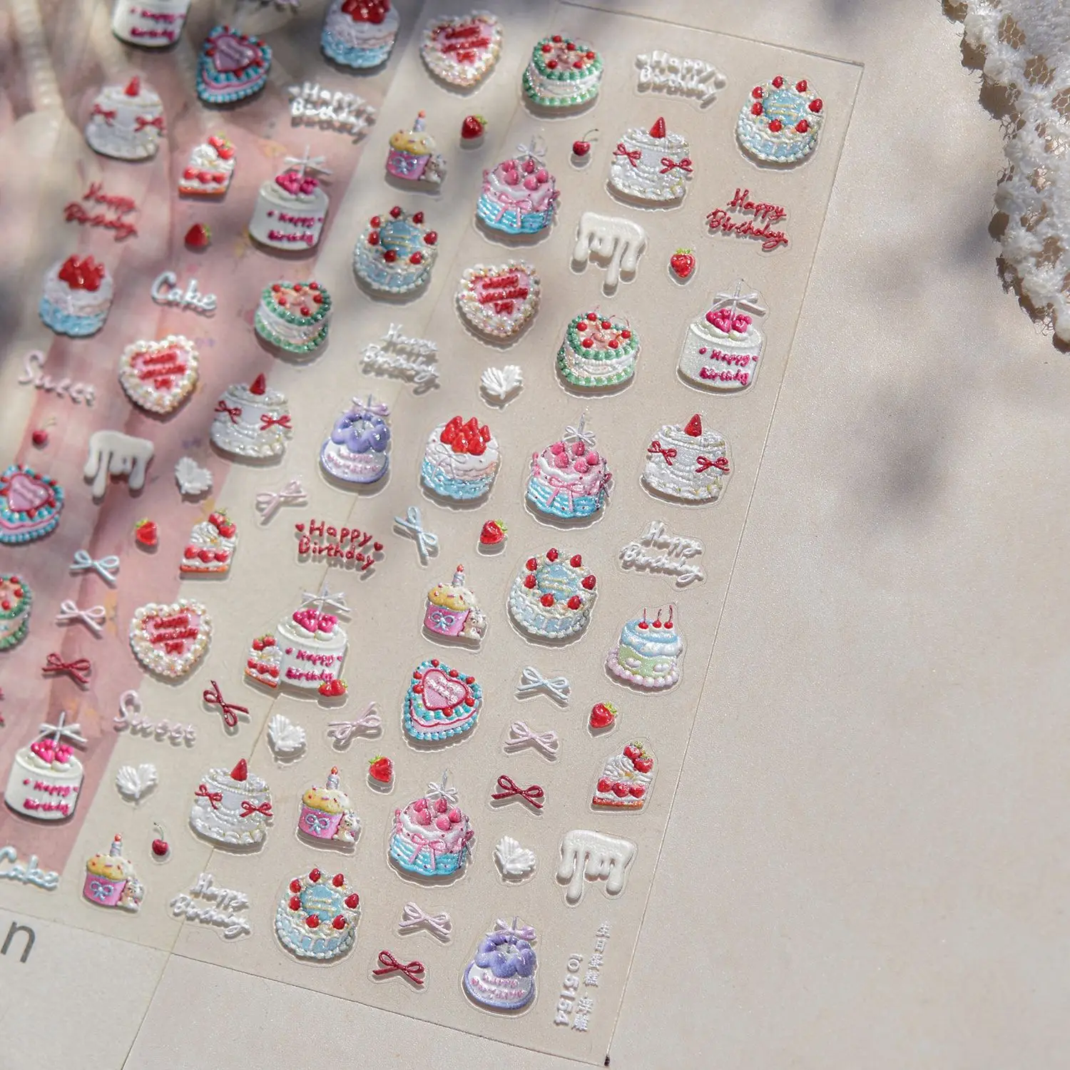 

Embossed Nail Stickers 3D Sweet Doughnuts Cake Fruit Self Adhesive Stickers Press On Nails DIY European Nails Decorations Decals