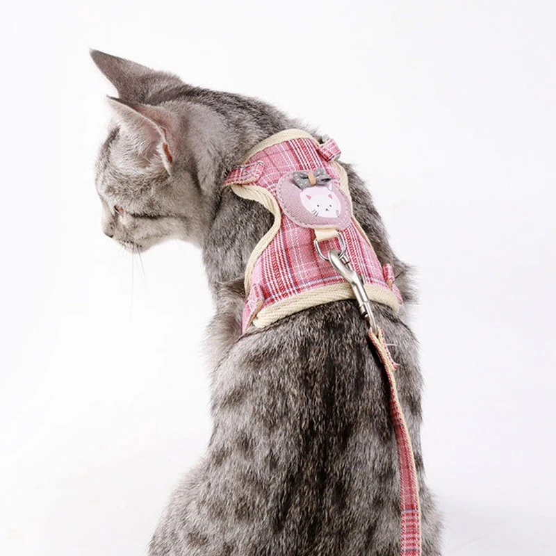 Breathable Polyester Small Dog Harness Set Pink Lattice Walking Leash Accessories Cat Clothes Anti Lost Durable Pet Products