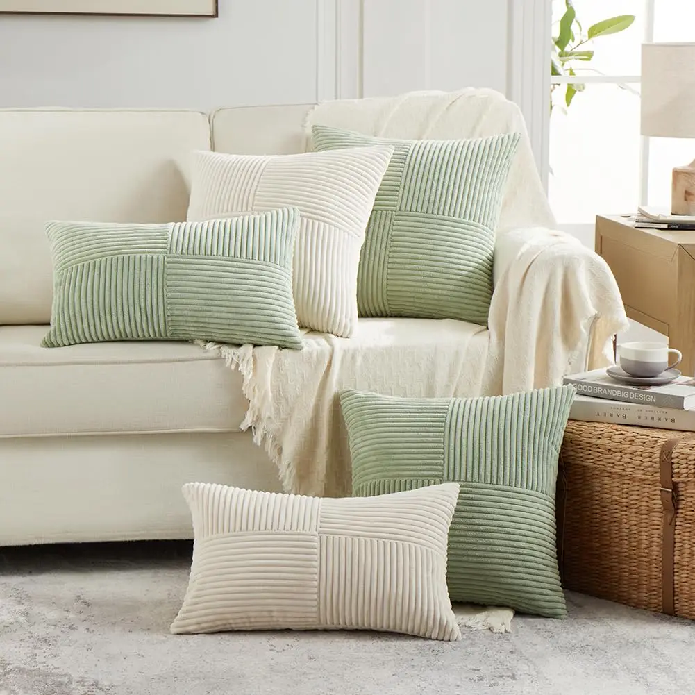 Boho Corduroy Spliced Throw Pillow Covers Soft Solid Couch Pillowcases Cross Patchwork Textured Covers for Living Room Bed Sofa