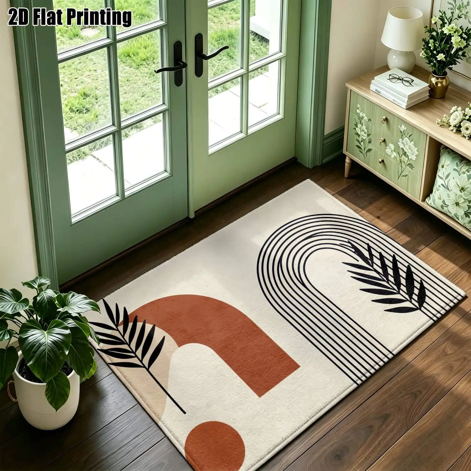 1Pc 2D Printed Carpet: Brown-Black Geometric Leaf Nordic Style, Minimalist Instagram Floor Mat, Machine Washable, Multi-Size, Suitable for Home Decor, Entryway/Dining/Living/Bedroom Use
