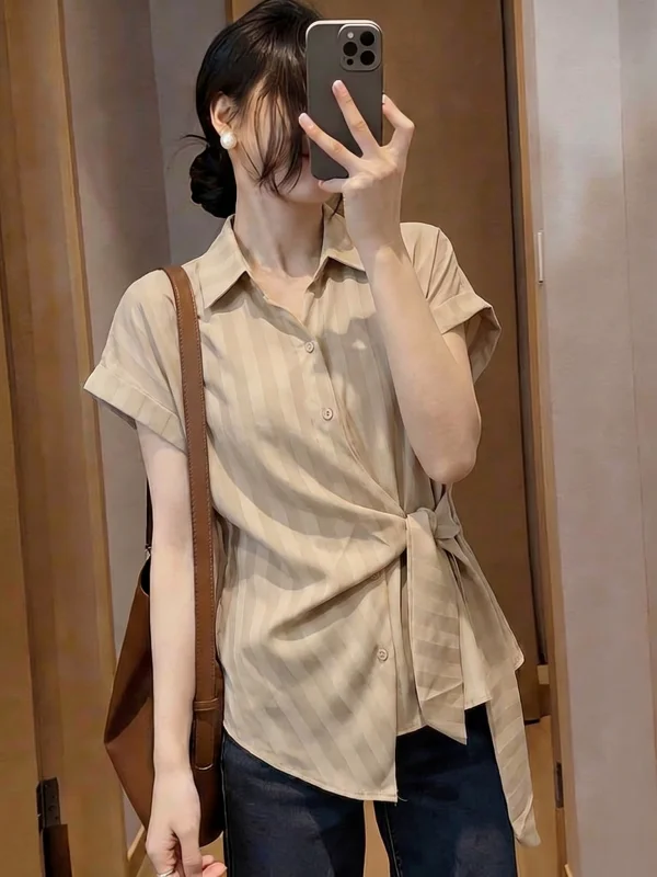 

Kaki Color Striped Women's Short Sleeve Shirt Belt Waist in Korean Style Loose Fit Commute Style Summer New plus Size Shirt