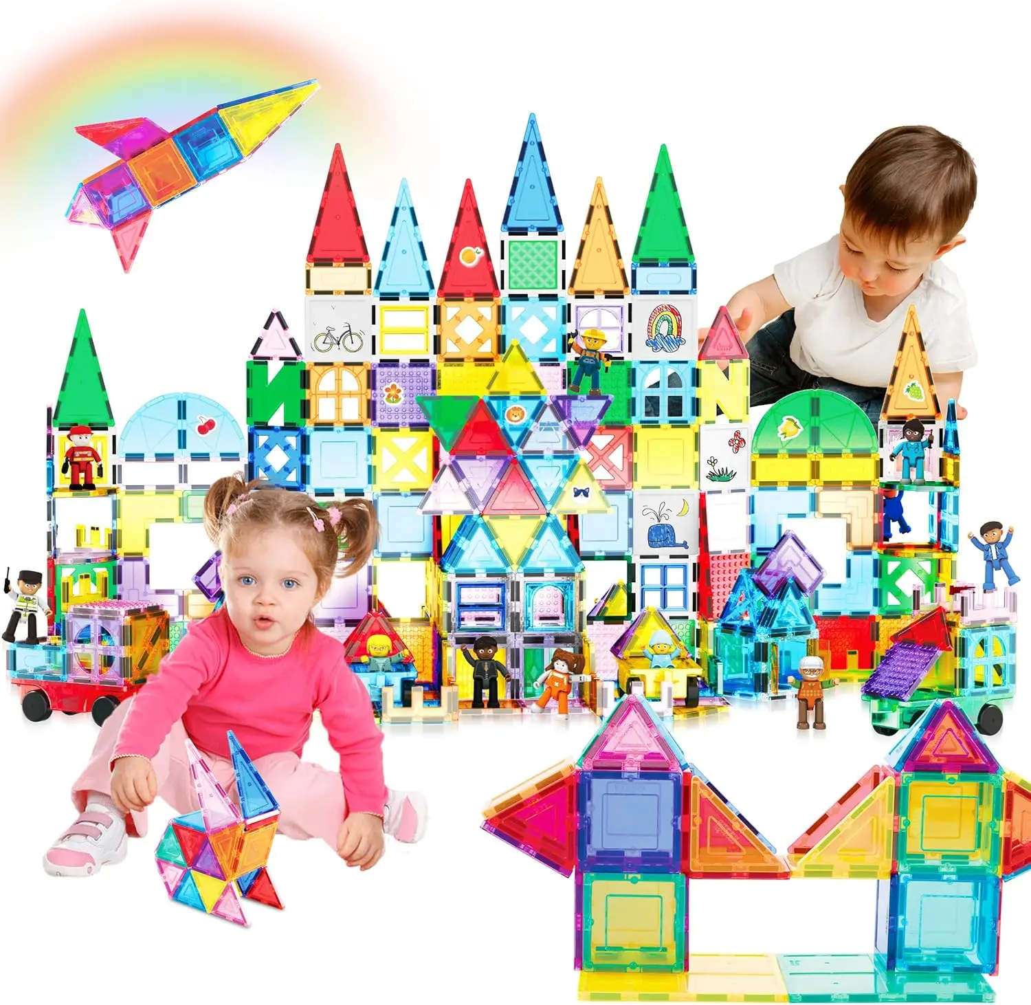 Mega bloc de Construction magnétique, ensemble de 350 pièces, blocs de Construction de carrelage magnétique avec Base de voiture, figurines de personnages, marqueurs, tableau blanc