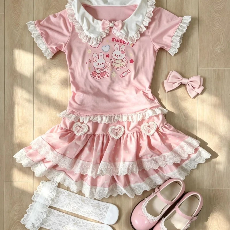 Japanese Sweet Lolita Style Skirt Set Women Kawaii Bow Cartoon Bunny Print T-shirt Polka Dot Print Cake Mini Skirt Y2k Slim Suit