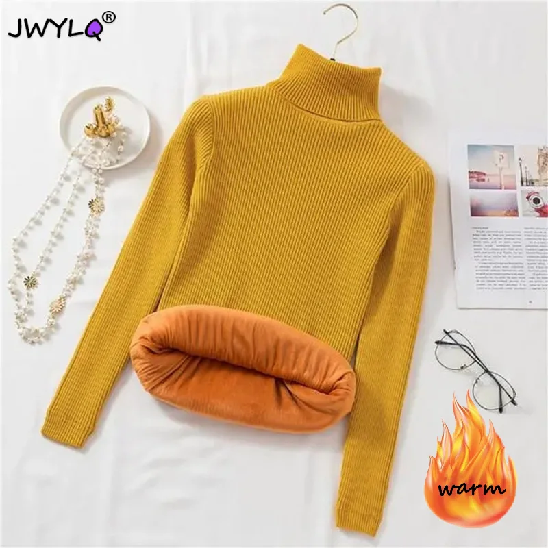 Thick Turtleneck Sweater Women Warm Velvet White Knitted Jumper Casual Pullover Korean Fashion Solid Color Female Basic Tops New