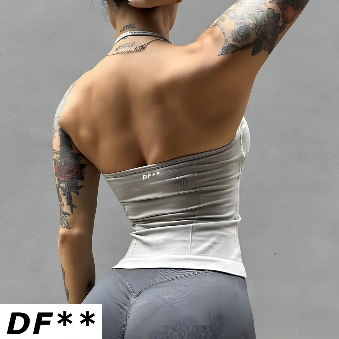 DF LOGO Seamless Yoga Tank Top Women V‑Neck Longline Strappy Sports Vest Removable Pads Breathable Elastic Gym Workout Running
