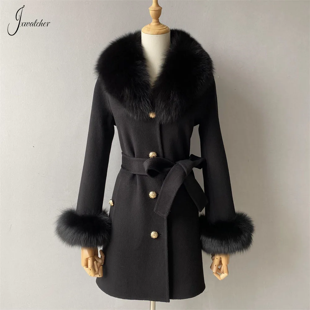 Jxwatcher Women Cashmere Wool Blend Coat Natural Fox Fur Collar Cuffs Ladies Autumn Winter Belt Slim Jacket New in Outerwears