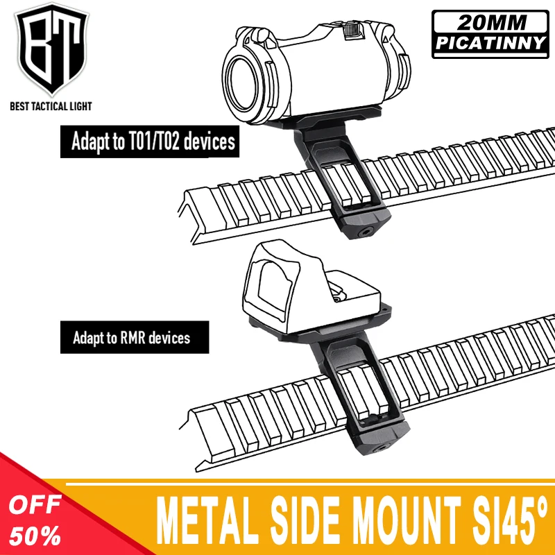 

Tactical WADSN Metal SI 45 ° Offset Side Mounted Optical Mounting Base T01 T02 RMR Adapter Installed On 20mm Picatinny Rail