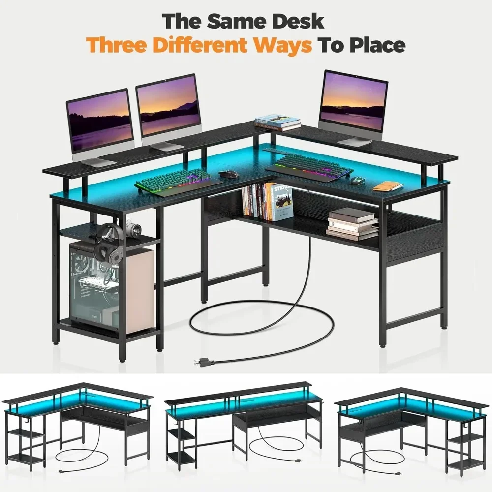 Desk L Shaped LED Lights and Power Outlets, Reversible L Shaped Gaming Desk with Monitor Stand, Home Office Desk with Storage