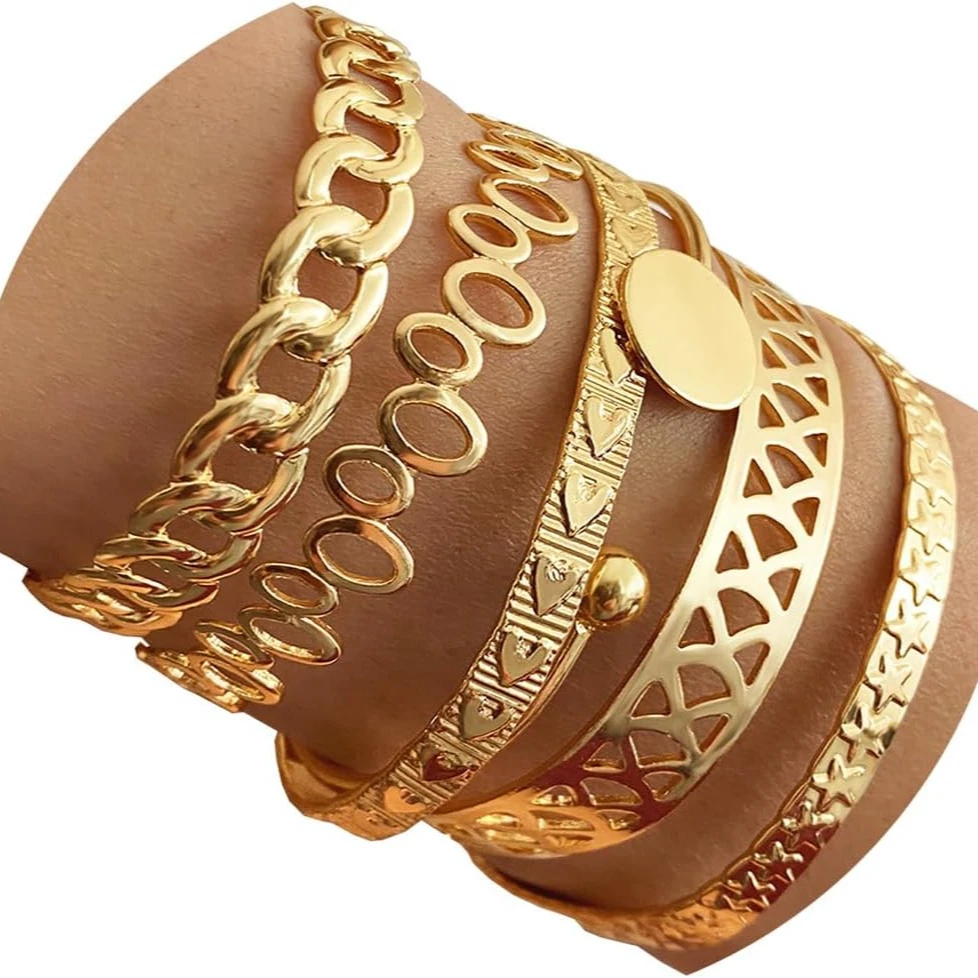 Gold Bangle Bracelets For Women, 14k Gold Plated Multi Layer Stackable Cuff Trendy Elegance Charms Non Tarnish Boho Jewelry Gift
