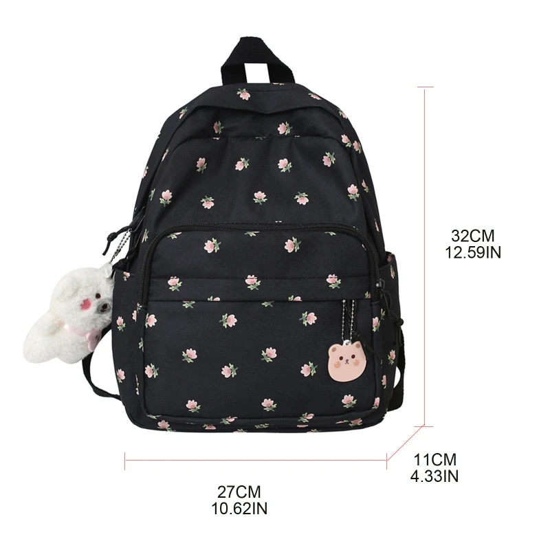 Small Nylon Women Backpacks Casual Lightweight Daypack Anti-Theft Bookbag with Cute Plush Bear Charm for Girls