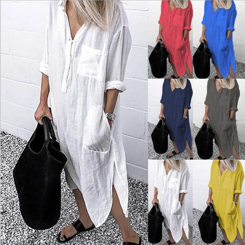 Sommer baumwolle leinen frauen kleid elegantes langes hemd kleid weiß übergroße lässige weibliche einfache reine farbe spalt strand kleid S-4X