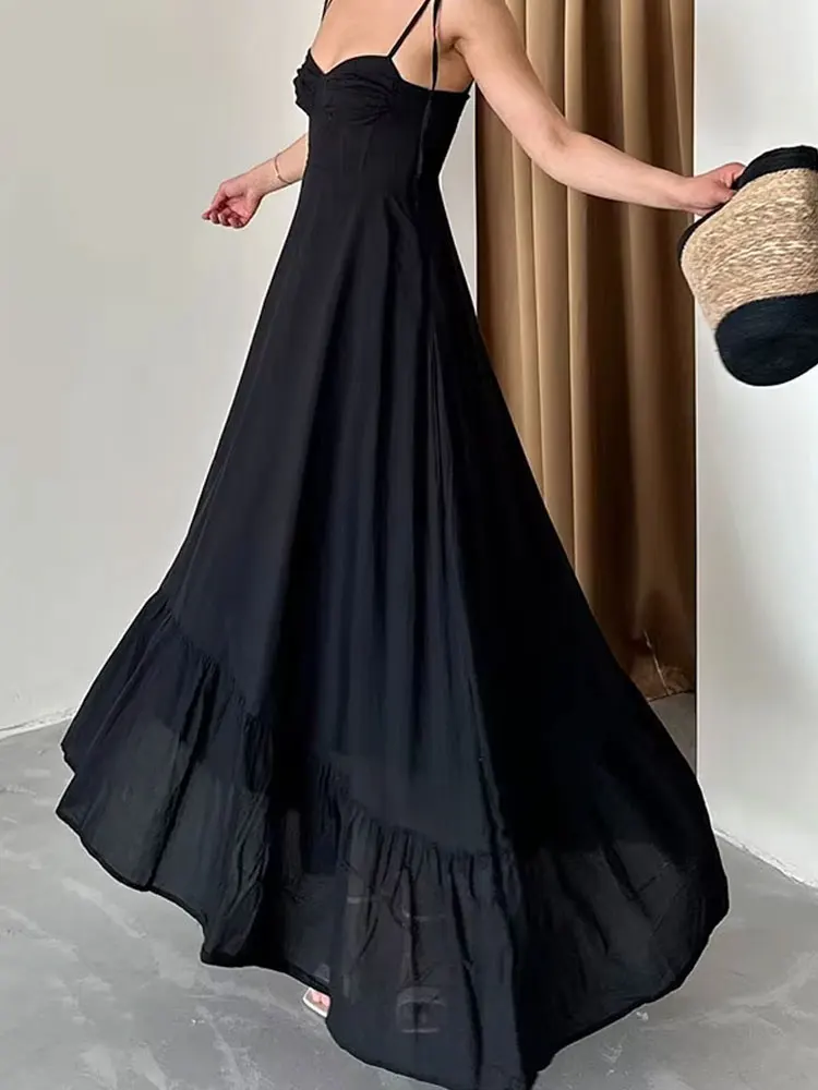 HH Woman Fashion Summer Chic Long Dresses White Sling Sleeveless Backless Lace-Up Decoration Zipper Female Beach Style Dress