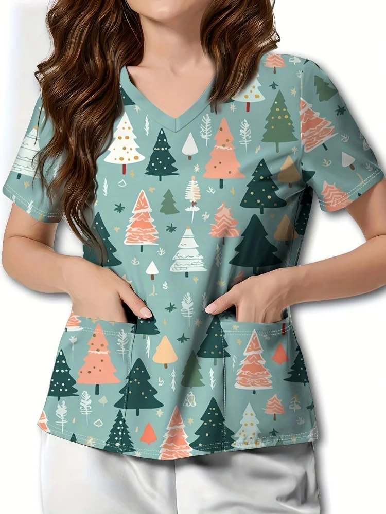 مضحك الكلب والقط طباعة الزي الجراحي امرأة مايكرو مطاطا الخامس الرقبة المرأة فرك قصيرة الأكمام التصحيح جيب الزي السريري